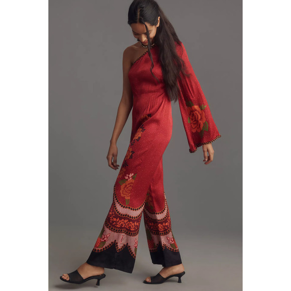 Farm Rio One-Shoulder Satin Jumpsuit - New XL - Picture 4 of 5